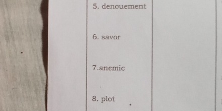 denouement 
6. savor 
7.anemic 
8. plot