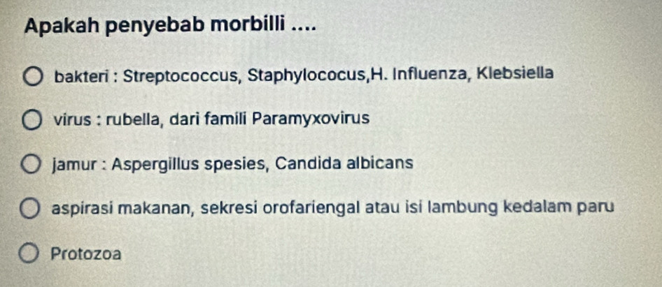 Apakah penyebab morbilli ....
bakteri : Streptococcus, Staphylococus,H. Influenza, Klebsiella
virus : rubella, dari famili Paramyxovirus
jamur : Aspergillus spesies, Candida albicans
aspirasi makanan, sekresi orofariengal atau isi lambung kedalam paru
Protozoa