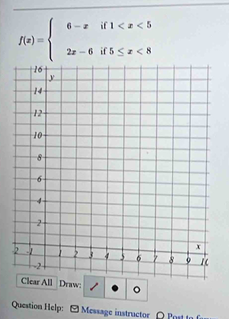 f(x)=beginarrayl 6-xif1 <8endarray.
All Draw: 。 
Question Help: Message instructor Q Post to