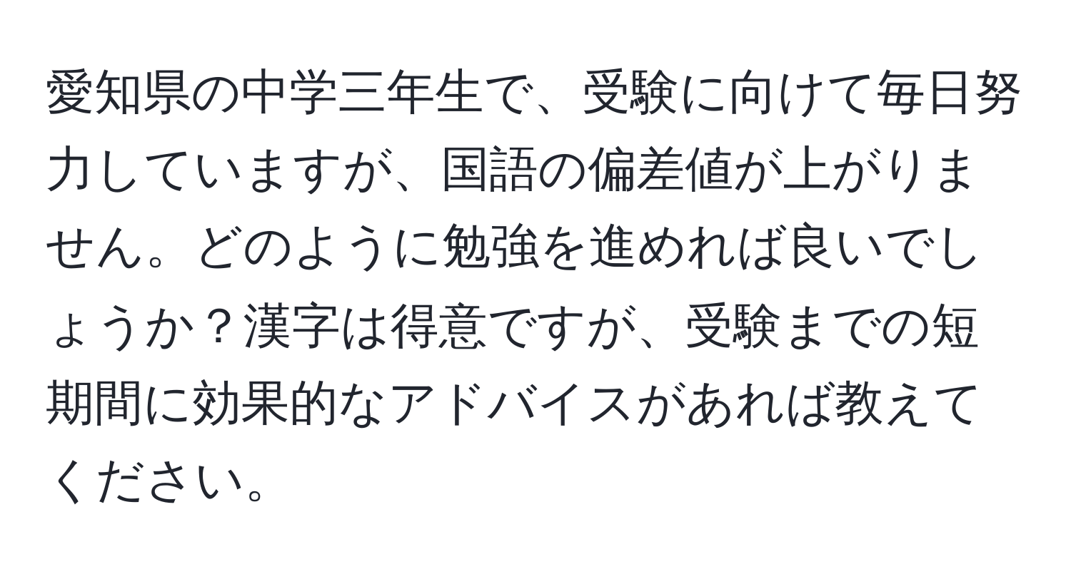 愛知県の中学三年生で、受験に向けて毎日努力していますが、国語の偏差値が上がりません。どのように勉強を進めれば良いでしょうか？漢字は得意ですが、受験までの短期間に効果的なアドバイスがあれば教えてください。