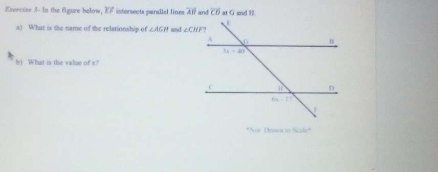 Exercise 3- In the figure below, overleftrightarrow EF intersects parallel lines overleftrightarrow AB and overline CD at G and H.
a) What is the name of the relationship of ∠ AGH and 
b) What is the value of x?
*Not Drawn to Scak^4