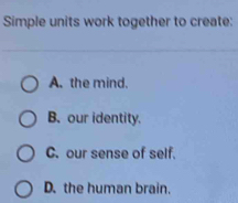 Simple units work together to create:
A. the mind.
B. our identity.
C. our sense of self.
D. the human brain.