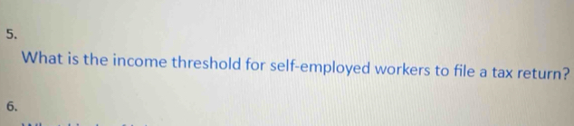 What is the income threshold for self-employed workers to file a tax return? 
6.