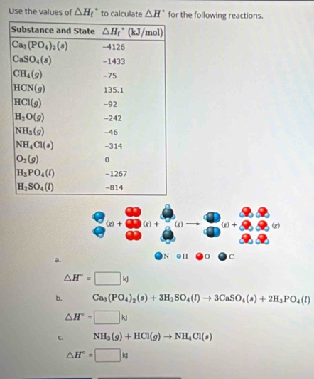 Use the values of △ H_f to calculate △ H° for the following reactions.
a.
△ H°=□ kJ
b. Ca_3(PO_4)_2(s)+3H_2SO_4(l)to 3CaSO_4(s)+2H_3PO_4(l)
△ H°=□ kJ
C. NH_3(g)+HCl(g)to NH_4Cl(s)
△ H°=□ kJ