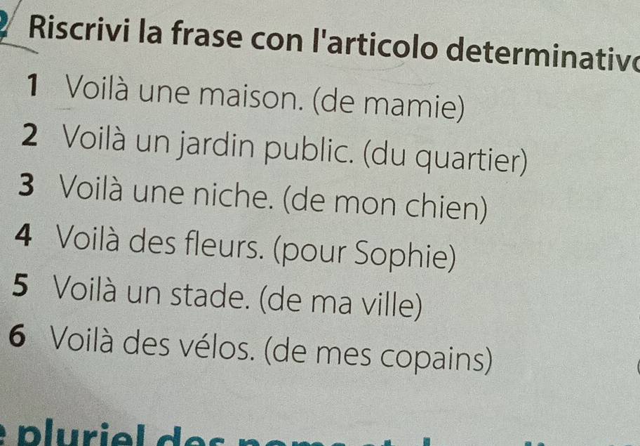 Riscrivi la frase con l'articolo determinative 
1 Voilà une maison. (de mamie) 
2 Voilà un jardin public. (du quartier) 
3 Voilà une niche. (de mon chien) 
4 Voilà des fleurs. (pour Sophie) 
5 Voilà un stade. (de ma ville) 
6 Voilà des vélos. (de mes copains)