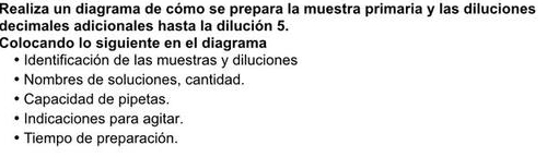 Realiza un diagrama de cómo se prepara la muestra primaria y las diluciones 
decimales adicionales hasta la dilución 5. 
Colocando lo siguiente en el diagrama 
Identificación de las muestras y diluciones 
Nombres de soluciones, cantidad. 
Capacidad de pipetas. 
Indicaciones para agitar. 
Tiempo de preparación.