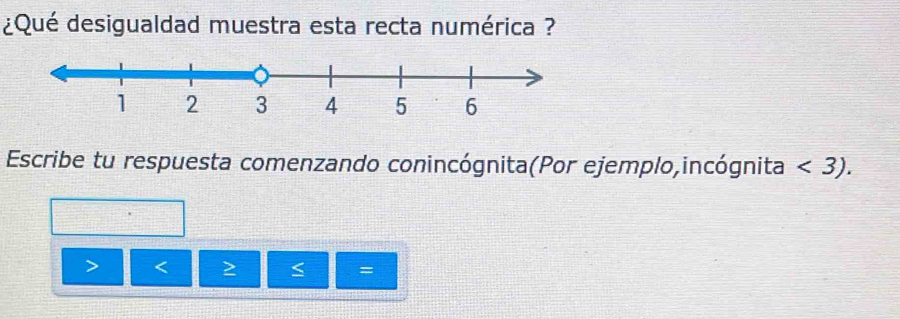 ¿Qué desigualdad muestra esta recta numérica ? 
Escribe tu respuesta comenzando conincógnita(Por ejemplo,incógnita <3). 
< 
=