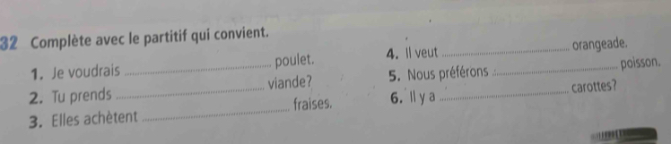 Complète avec le partitif qui convient. 
1. Je voudrais poulet. 4. l veut _orangeade. 
_ 
2. Tu prends __viande? 5. Nous préférons _poisson. 
fraises. 6. l ya carottes? 
3. Elles achètent