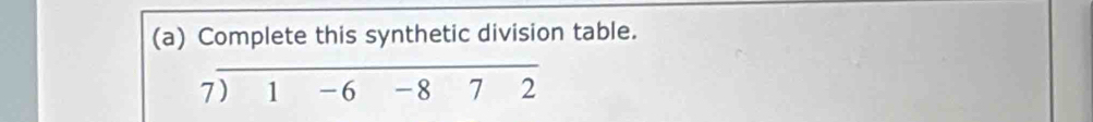 Complete this synthetic division table. 
7) 1 -6 -8 7 2