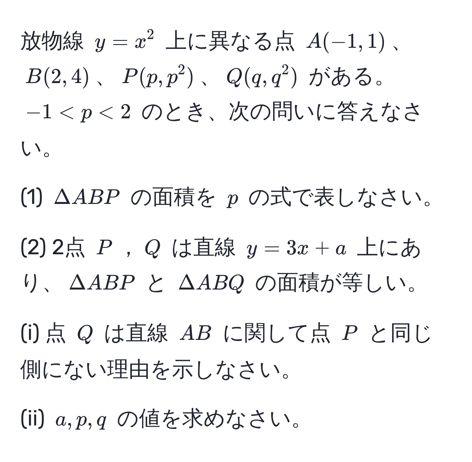 放物線 $y = x^2$ 上に異なる点 $A(-1, 1)$、$B(2, 4)$、$P(p, p^2)$、$Q(q, q^2)$ がある。$-1 < p < 2$ のとき、次の問いに答えなさい。

(1) $Delta ABP$ の面積を $p$ の式で表しなさい。

(2) 2点 $P$，$Q$ は直線 $y = 3x + a$ 上にあり、$Delta ABP$ と $Delta ABQ$ の面積が等しい。

(i) 点 $Q$ は直線 $AB$ に関して点 $P$ と同じ側にない理由を示しなさい。

(ii) $a, p, q$ の値を求めなさい。