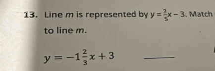 Line m is represented by y= 3/5 x-3. Match
to line m.
_ y=-1 2/3 x+3