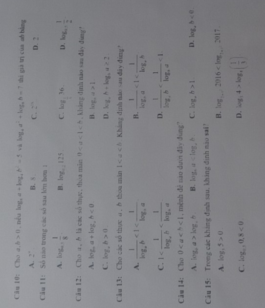 Cho a,b>0 , nêu log _xa+log _4b^2=5 và log _4a^2+log _3b=7 thì giá trì của ao bàng
A. 2^(·) B. 8 C. 2^(11) D. 2 
Câu 11: Số nào trong các số sau lớn hơn 1
A. log _a 1/8 . B. log _a2125. C. log _336. D. log _9 1/2 -
frac 
Câu 12: Cho a, b là các số thực, thóa mãn 0 , khảng định nào sau đây đùng?
A. log _ba+log _ab<0. B. log _aa>1.
C. log _ab>0. D. log _ab+log _ba≥ 2.
Câu 13:  Cho các số thựca , 6 thóa mân 1 Khảng định não sau đây đùng?
A. frac 1log _ab<1<frac 1log _ba. frac 1log _ca<1<frac 1log _cb.
B.
C. 1 frac 1log _ab <1.
D.
Câu 14: Cho 0<1</tex> , mệnh đê nào dưới đây đùng?
A. log _ 1/2 a>log _ab. B. log _ha C. log _ab>1 D. log _ab<0.
Câu 15: Trong các khăng định sau, khảng định nào sai?
A. log _35>0.
B. log _1+x2016
C. log _0.10.8<0</tex>
D. log _34>log _4( 1/3 ).