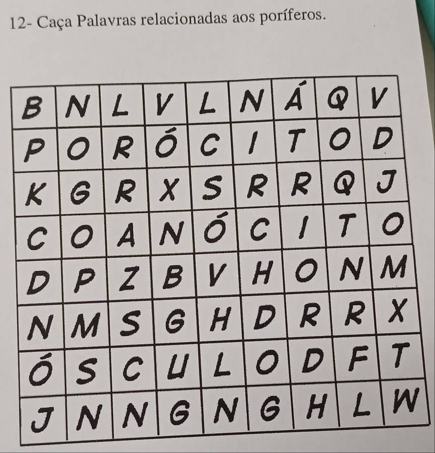 12- Caça Palavras relacionadas aos poríferos.