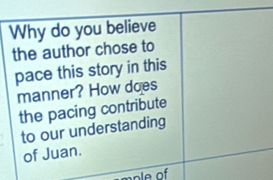 Why do you believe 
the author chose to 
pace this story in this 
manner? How does 
the pacing contribute 
to our understanding 
of Juan. 
mole of