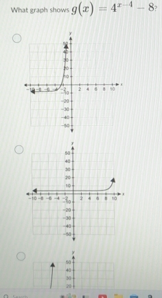 What graph shows g(x)=4^(x-4)-8 2
y
50
40
30
20