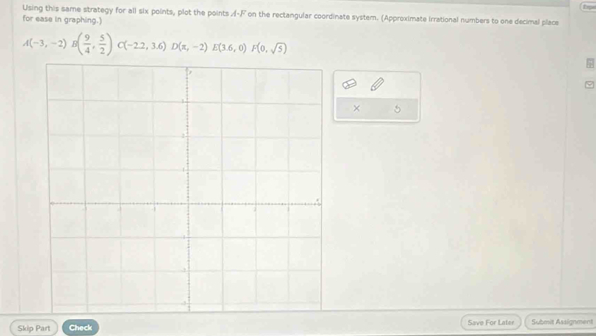 Eipe 
Using this same strategy for all six points, plot the points /-F on the rectangular coordinate system. (Approximate irrational numbers to one decimal place 
for ease in graphing.)
A(-3,-2)B( 9/4 , 5/2 )C(-2.2,3.6)D(π ,-2)E(3.6,0)F(0,sqrt(5))
× 5 
Skip Part Check Save For Later Submit Assignment