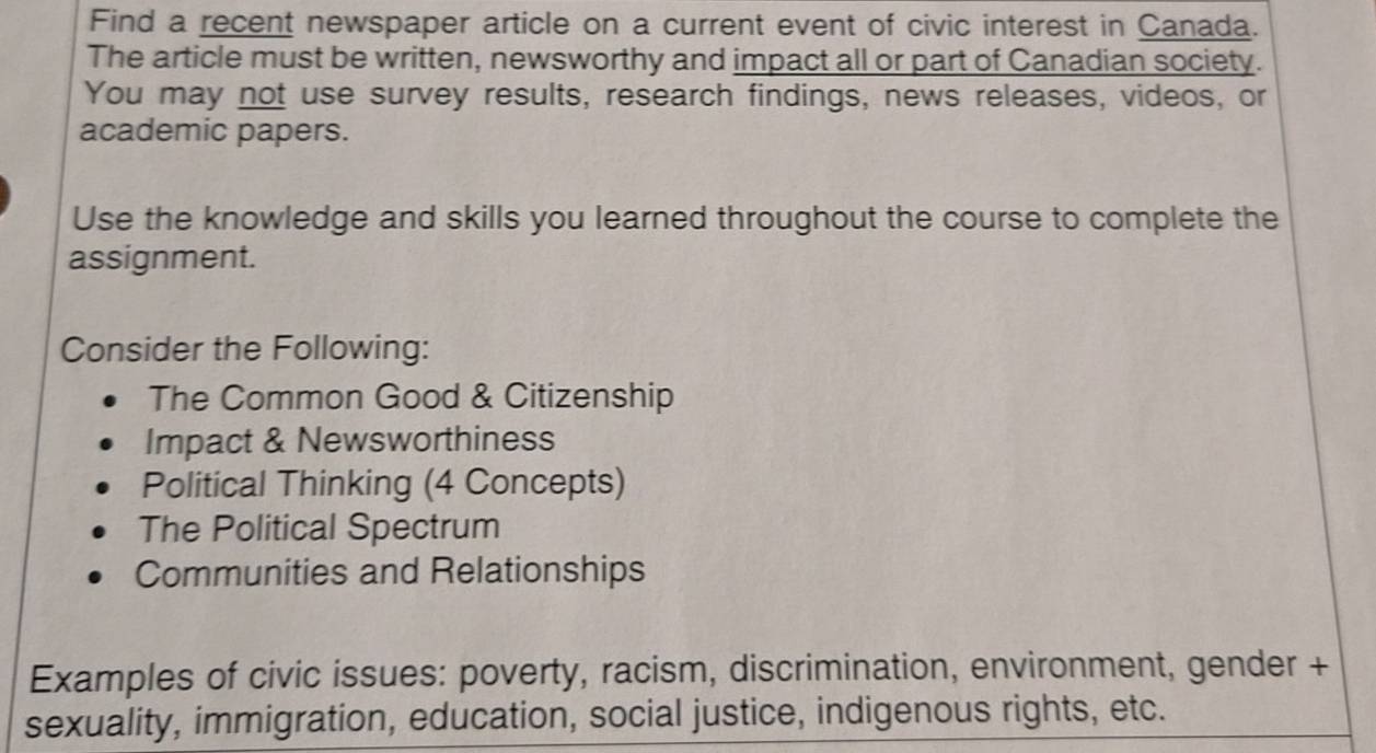 Solved: Find a recent newspaper article on a current event of civic ...