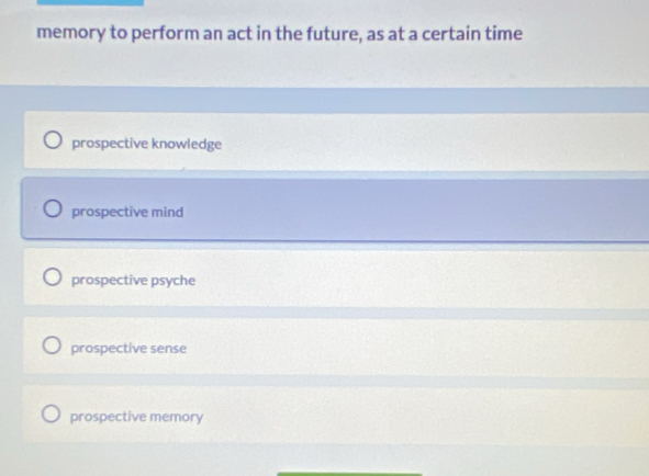 memory to perform an act in the future, as at a certain time
prospective knowledge
prospective mind
prospective psyche
prospective sense
prospective memory