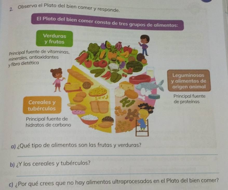 Observa el Plato del bien comer y responde. 
El Plato del bien comer consta de tres grupos de alimentos: 
a) ¿Qué tipo de alimentos son las frutas y verduras? 
_ 
b) ¿Y los cereales y tubérculos? 
_ 
c) ¿Por qué crees que no hay alimentos ultraprocesados en el Plato del bien comer?