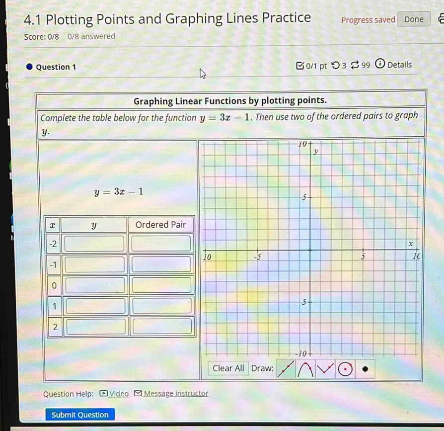 4.1 Plotting Points and Graphing Lines Practice Progress saved Done
Score: 0/8 0/8 answered
Question 1 [ 0/1 pt つ 3 [ 99 ⓘ Details
Graphing Linear Functions by plotting points.
Complete the table below for the function y=3x-1. Then use two of the ordered pairs to graph
y.
y=3x-1
Clear All Draw:
Question Help: Video Message instructor
Submit Question