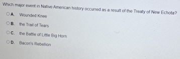 Which major event in Native American history occurred as a result of the Treaty of New Echota?
A Wounded Knee
B. the Trail of Tears
C. the Battle of Little Big Horn
D. Bacon's Rebellion