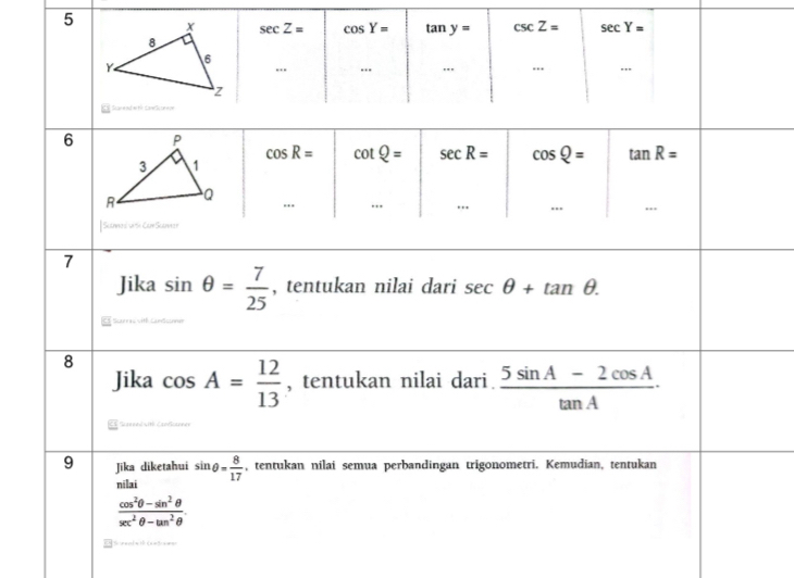 5 sec Z= cos Y= tan y= csc Z= sec Y=