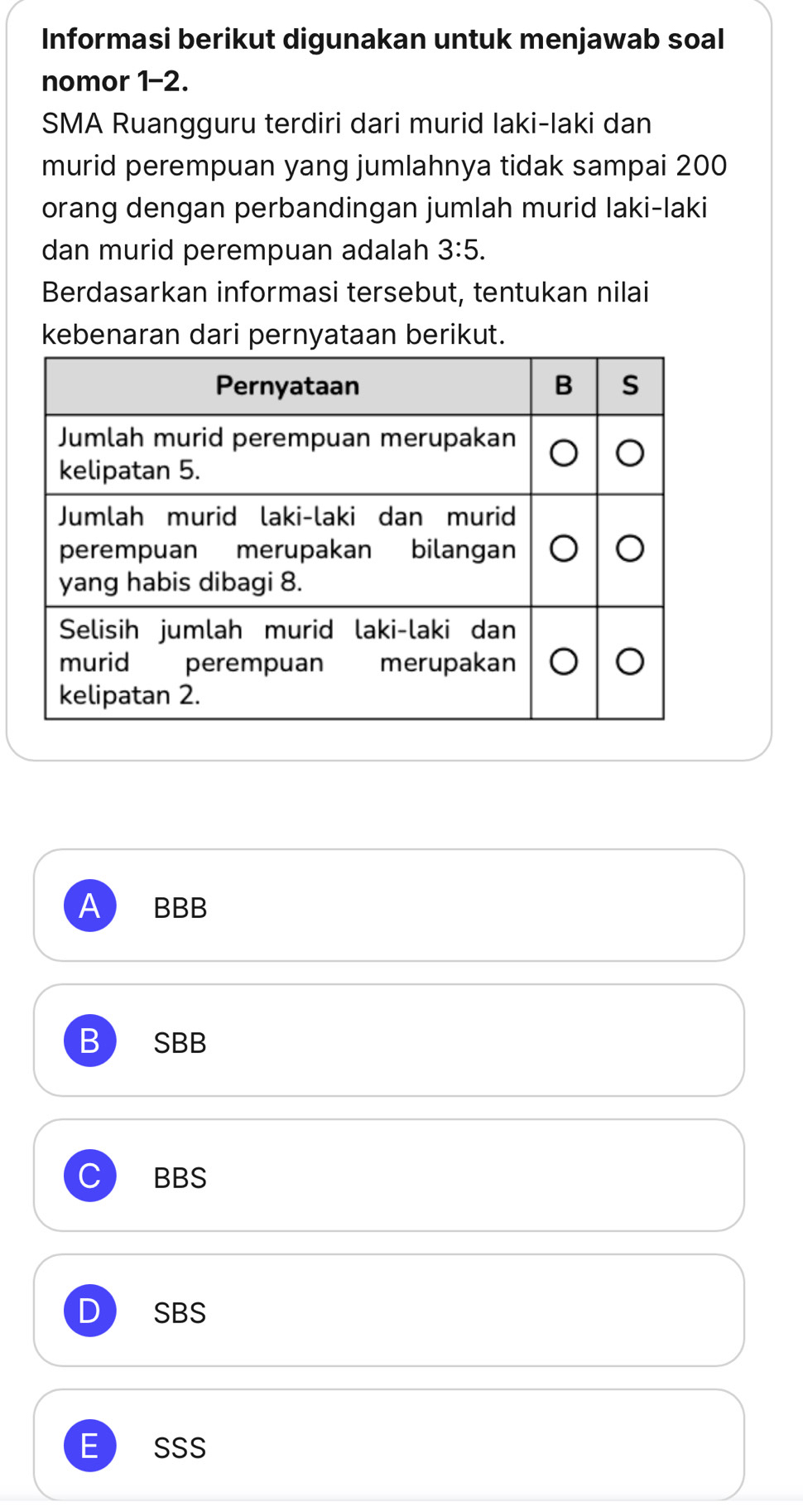 Informasi berikut digunakan untuk menjawab soal
nomor 1-2.
SMA Ruangguru terdiri dari murid laki-laki dan
murid perempuan yang jumlahnya tidak sampai 200
orang dengan perbandingan jumlah murid laki-laki
dan murid perempuan adalah 3:5. 
Berdasarkan informasi tersebut, tentukan nilai
kebenaran dari pernyataan berikut.
A BBB
B SBB
C BBS
D SBS
E SSS