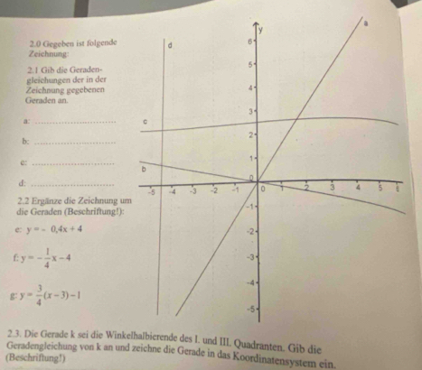 2.0 Gegeben ist folgende
Zeichnung:
2.1 Gib die Geraden-
gleiehungen der in der
Zeichnung gegebenen
Geraden an
a:_
b:_
e:_
d:_
2.2 Ergänze die Zeichnung u
die Geraden (Beschriftung!):
e: y=-0.4x+4
y=- 1/4 x-4
g y= 3/4 (x-3)-1
2.3. Die Gerade k sei die Wink. Gib die
Geradengleichung von k an und zeichne die Gerade in das Koordinatensystem ein.
(Beschriftung!)