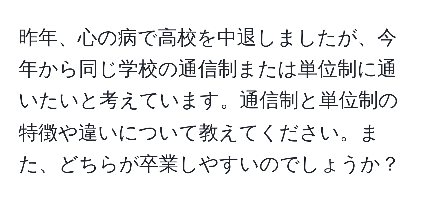 昨年、心の病で高校を中退しましたが、今年から同じ学校の通信制または単位制に通いたいと考えています。通信制と単位制の特徴や違いについて教えてください。また、どちらが卒業しやすいのでしょうか？