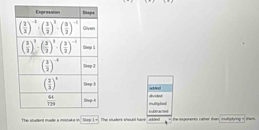 added
divided
multiplied
subtracted
The student made a mistake in Step 1 v . The student should have added the exponents rather than multiplying them.