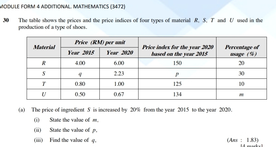 MODULE FORM 4 ADDITIONAL. MATHEMATICS (3472) 
30 The table shows the prices and the price indices of four types of material R, S, T and U used in the 
production of a type of shoes. 
(a) The price of ingredient S is increased by 20% from the year 2015 to the year 2020. 
(i) State the value of m, 
(ii) State the value of p, 
(iii) Find the value of q, (Ans : 1.83) 
[4 marks]