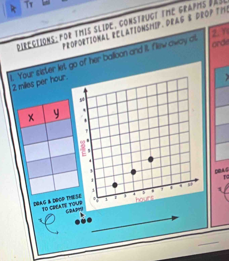 T1 
DiRectIons: for this slIDe, construct the grapms pas 
PROPORTIONAL RELATIONSHIP. DRAG 8 DROP TH
2 Y
1. Your sister let go of her ballioon and it flew away dit 
orde
2 miles per hour. 
DRA G 
To 
TO CREATE Y
DRAG & DROP 
GRAPHI 

_