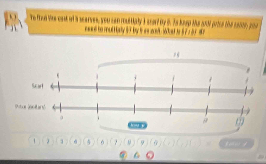 To find the cost of 5 scarves, you can multiply I scarf by 5. To keep the 
need to multiply 57 by 5 as well. What is $7 s 57 s