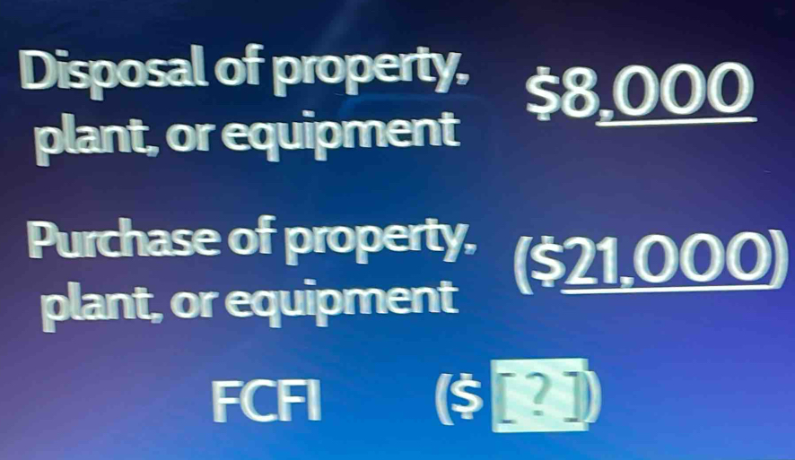 Disposal of property, $8.000
plant, or equipment 
Purchase of property, ($21.000) 
plant, or equipment 
FCFI I $ | ? 1)