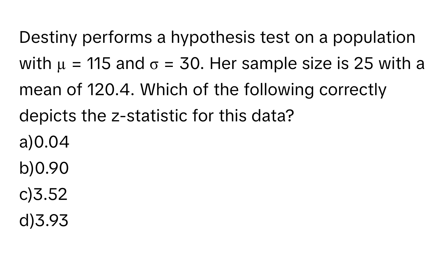 Solved: Destiny performs a hypothesis test on a population with µ = 115 ...