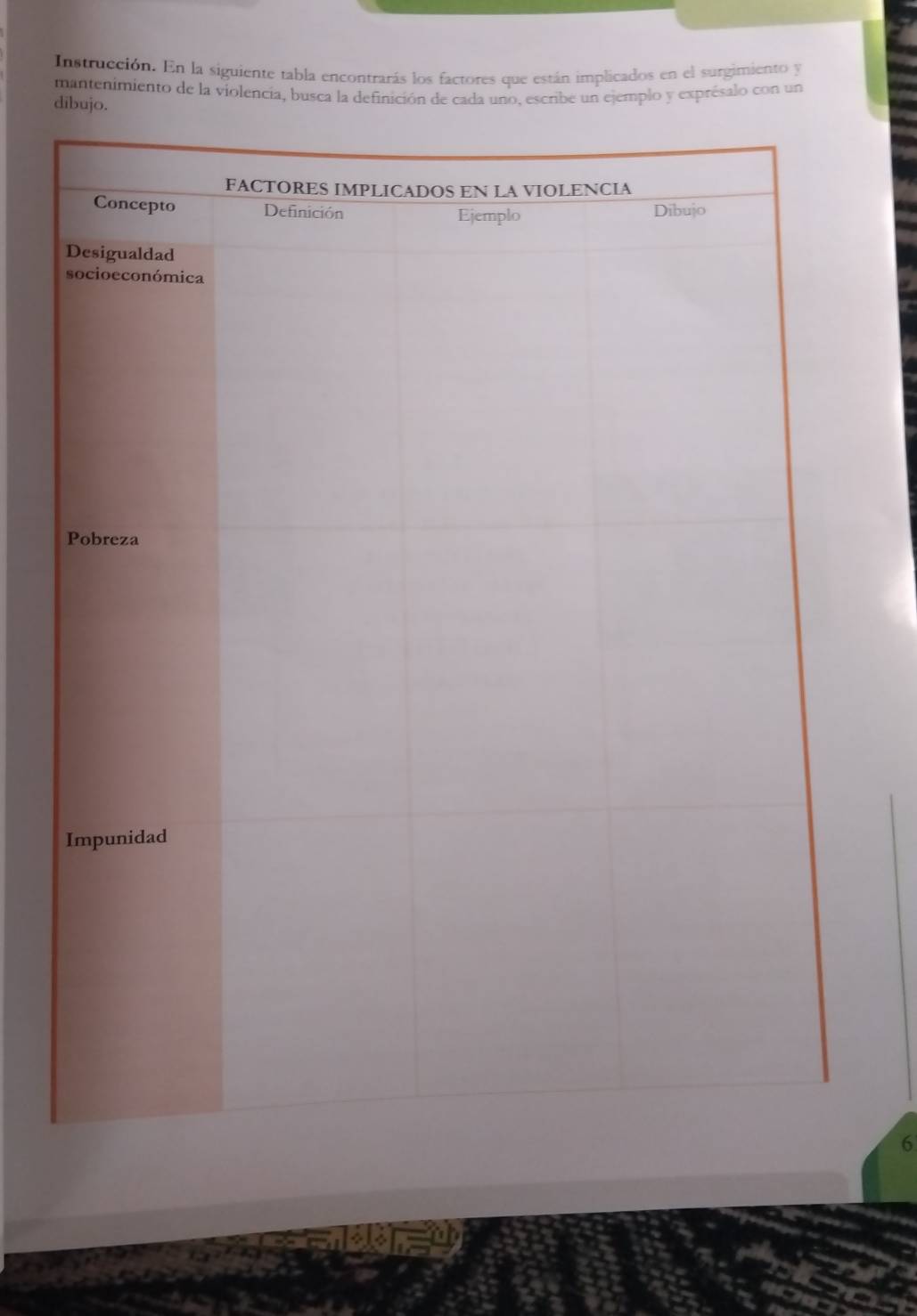 Instrucción. En la siguiente tabla encontrarás los factores que están implicados en el surgimiento y 
mantenimiento de la violencia, busca la definición de cada uno, escribe un ejemplo y exprésalo con un 
dibujo. 
6