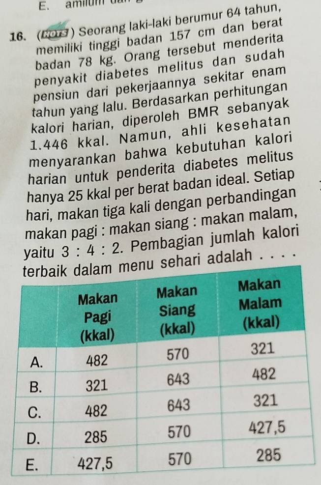 amilum u 
16. (CO ) Seorang laki-laki berumur 64 tahun, 
memiliki tinggi badan 157 cm dan berat 
badan 78 kg. Orang tersebut menderita 
penyakit diabetes melitus dan sudah 
pensiun dari pekerjaannya sekitar enam 
tahun yang lalu. Berdasarkan perhitungan 
kalori harian, diperoleh BMR sebanyak
1.446 kkal. Namun, ahli kesehatan 
menyarankan bahwa kebutuhan kalori 
harian untuk penderita diabetes melitus 
hanya 25 kkal per berat badan ideal. Setiap 
hari, makan tiga kali dengan perbandingan 
makan pagi : makan siang : makan malam, 
yaitu 3:4:2. Pembagian jumlah kalori 
ari adalah . . . .