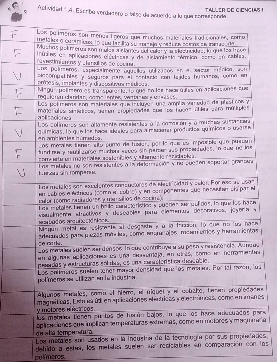 ? 
TALLER DE CIENCIAS I 
Actividad 1.4. Escribe verdadero o falso de acuerdo a lo que corresponde. 
s 
s 
s 
es 
ra 
ria 
es, 
debido a estas, los metales suelen ser reciclables en comparación co los 
polímeros.