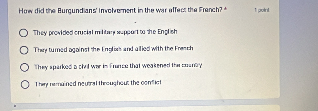 How did the Burgundians' involvement in the war affect the French? * 1 point
They provided crucial military support to the English
They turned against the English and allied with the French
They sparked a civil war in France that weakened the country
They remained neutral throughout the conflict