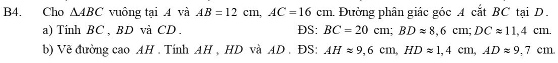 B4. Cho △ ABC vuông tại A và AB=12cm, AC=16 cm h. Đường phân giác góc A cắt BC tại D. 
a) Tính BC , BD và CD. DS : BC=20cm; BDapprox 8,6cm; DCapprox 11,4cm. 
b) Về đường cao AH. Tính AH , HD và AD. ĐS: AHapprox 9,6cm, HDapprox 1,4cm, ADapprox 9,7cm.