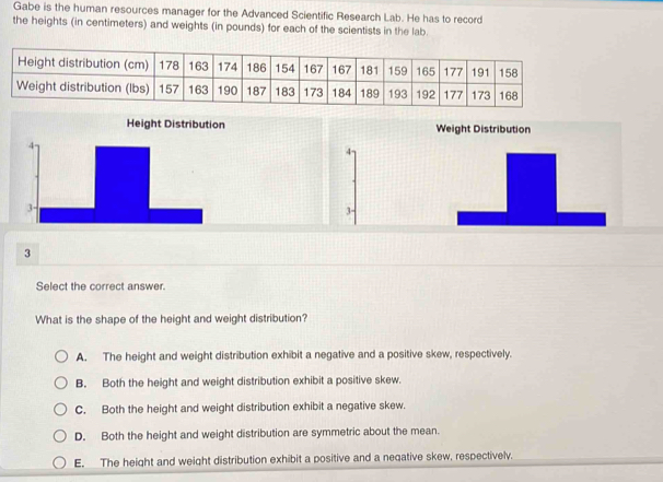 Gabe is the human resources manager for the Advanced Scientific Research Lab. He has to record
the heights (in centimeters) and weights (in pounds) for each of the scientists in the lab.
Height Distribution Weight Distribution
3
Select the correct answer.
What is the shape of the height and weight distribution?
A. The height and weight distribution exhibit a negative and a positive skew, respectively.
B. Both the height and weight distribution exhibit a positive skew.
C. Both the height and weight distribution exhibit a negative skew.
D. Both the height and weight distribution are symmetric about the mean.
E. The height and weight distribution exhibit a positive and a negative skew, respectively.