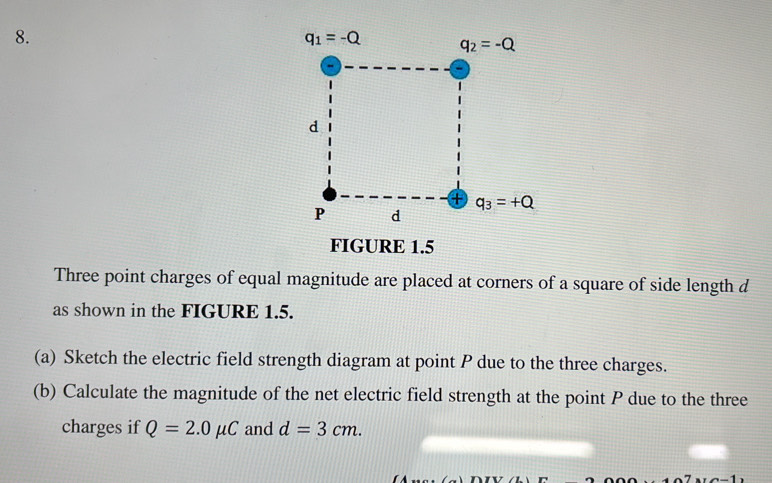 FIGURE 1.5
Three point charges of equal magnitude are placed at corners of a square of side length d
as shown in the FIGURE 1.5.
(a) Sketch the electric field strength diagram at point P due to the three charges.
(b) Calculate the magnitude of the net electric field strength at the point P due to the three
charges if Q=2.0mu C and d=3cm.