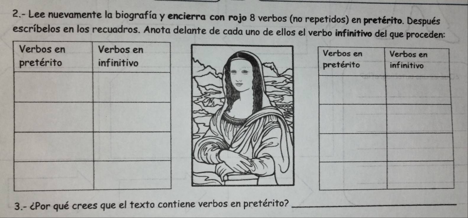 2.- Lee nuevamente la biografía y encierra con rojo 8 verbos (no repetidos) en pretérito. Después 
escríbelos en los recuadros. Anota delante de cada uno de ellos el verbo infinitivo del que proceden: 
3.- ¿Por qué crees que el texto contiene verbos en pretérito?_