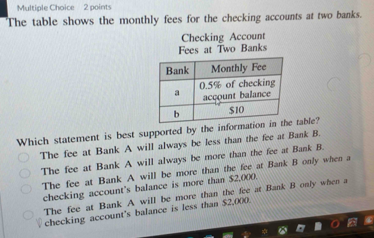 The table shows the monthly fees for the checking accounts at two banks.
Checking Account
Fees at Two Banks
Which statement is best supported by the informa table?
The fee at Bank A will always be less than the fee at Bank B.
The fee at Bank A will always be more than the fee at Bank B.
The fee at Bank A will be more than the fee at Bank B only when a
checking account's balance is more than $2,000.
The fee at Bank A will be more than the fee at Bank B only when a
checking account's balance is less than $2,000.