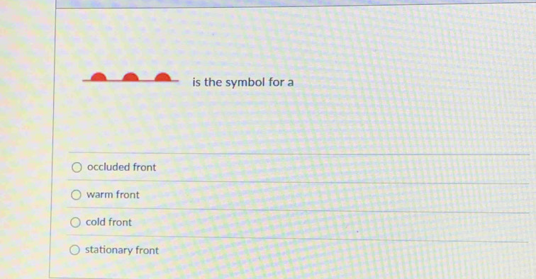 is the symbol for a
occluded front
warm front
cold front
stationary front