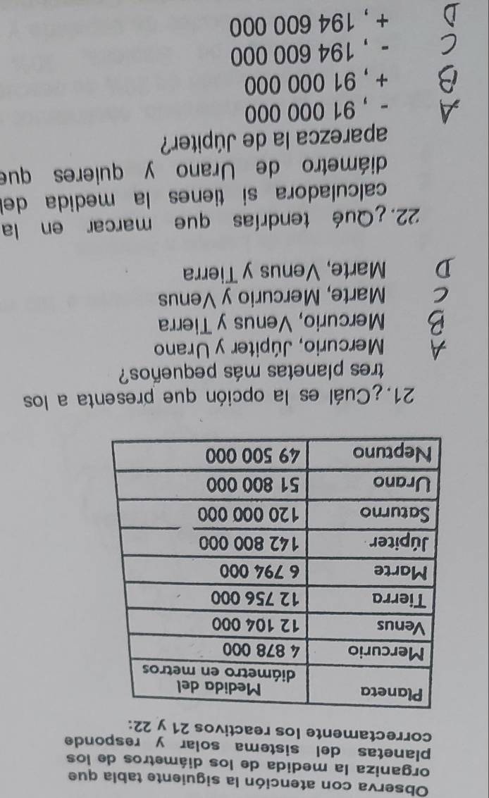 Observa con atención la siguiente tabla que
organiza la medida de los diámetros de los
planetas del sistema solar y responde
correctamente Ios reactivos 21 y 22:
21. ¿Cuál es la opción que presenta a los
tres planetas más pequeños?
Mercurio, Júpiter y Urano
Mercurio, Venus y Tierra
Marte, Mercurio y Venus
Marte, Venus y Tierra
22.¿Qué tendrías que marcar en la
calculadora si tienes la medida del
diámetro de Urano y quieres que
aparezca la de Júpiter?
- , 91 000 000
+ , 91 000 000
-， 194 600 000
+ , 194 600 000