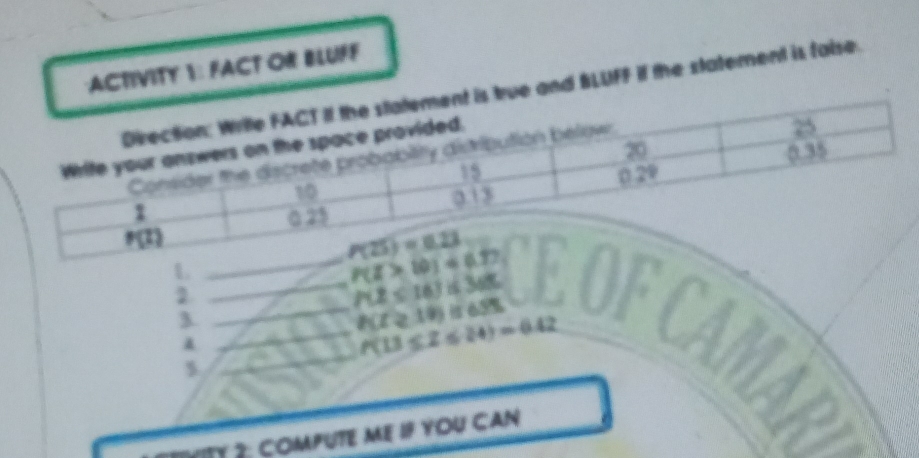 ACTIVITY 1: FACT OR BLUFF
t is true and BLUFF if the statement is false.
1
P(Z>10)+0.72
2
P(2≤ 16)≤ 365
3
P(Z≥ 19)is655.
a
P(13≤ Z≤ 24)=6.42
5
TIVITY 2: CoMpUTE ME 1f YOU CAN