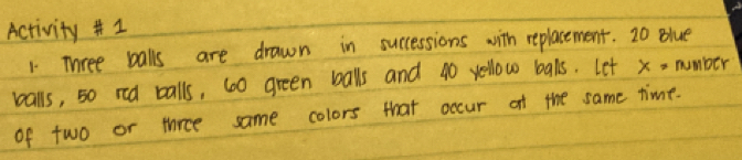 Activity # 
1. Three balls are drawn in successions with replacement. 20 Blue 
balls, so red balls, 60 green balls and 40 yellow balls. let x= number 
of two or thrce same colors that occur of the same time.