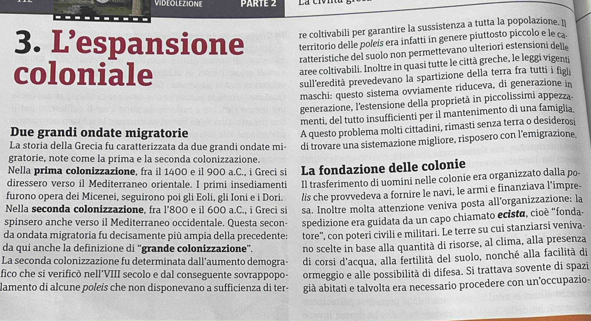 VIDEOLEZIONE PARTE 2
3. L’espansione
re coltivabili per garantire la sussistenza a tutta la popolazione. n
territorio delle poleis era infatti in genere piuttosto piccolo e le ca.
ratteristiche del suolo non permettevano ulteriori estensioni dell
coloniale
aree coltivabili. Inoltre in quasi tutte le città greche, le leggi vigenti
sull’eredità prevedevano la spartizione della terra fra tutti i figli
maschi: questo sistema ovviamente riduceva, di generazione in
generazione, l'estensione della proprietà in piccolissimi appezza-
menti, del tutto insufficienti per il mantenimento di una famiglia
Due grandi ondate migratorie
A questo problema molti cittadini, rimasti senza terra o desiderosi
La storia della Grecia fu caratterizzata da due grandi ondate mi- di trovare una sistemazione migliore, risposero con l’emigrazione.
gratorie, note come la prima e la seconda colonizzazione.
Nella prima colonizzazione, fra il 1400 e il 900 a.C., i Greci si La fondazione delle colonie
diressero verso il Mediterraneo orientale. I primi insediamenti Il trasferimento di uomini nelle colonie era organizzato dalla po-
furono opera dei Micenei, seguirono poi gli Eoli, gli Ioni e i Dori. lis che provvedeva a fornire le navi, le armi e finanziava l’impre-
Nella seconda colonizzazione, fra l’800 e il 600 a.C., i Greci si
spinsero anche verso il Mediterraneo occidentale. Questa secon- sa. Inoltre molta attenzione veniva posta all’organizzazione: la
spedizione era guidata da un capo chiamato ecista, cioè “fonda-
da ondata migratoria fu decisamente più ampia della precedente:
da qui anche la definizione di “grande colonizzazione”. tore”, con poteri civili e militari. Le terre su cui stanziarsi veniva-
no scelte in base alla quantità di risorse, al clima, alla presenza
La seconda colonizzazione fu determinata dall’aumento demogra- di corsi d’acqua, alla fertilità del suolo, nonché alla facilità di
fico che si verificò nell’VIII secolo e dal conseguente sovrappopo- ormeggio e alle possibilità di difesa. Si trattava sovente di spazi
lamento di alcune poleis che non disponevano a sufficienza di ter- già abitati e talvolta era necessario procedere con un’occupazio-