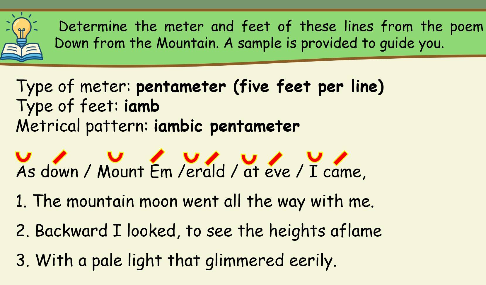 Solved: Determine the meter and feet of these lines from the poem Down ...